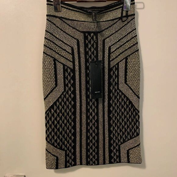BCBGMaxazria NWT pencil skirt sz s, blk and gold lurex, knee length, pull on - Picture 3 of 16